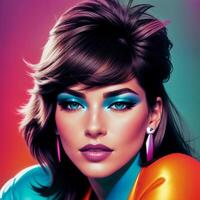 Portrait of a beautiful woman with bright makeup, in bright clothes, in bright, multi-colored studio lighting, photorealism. For registration CD disks. , generative, AI photo