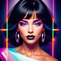 Portrait of a beautiful woman with bright makeup, in bright clothes, in bright, multi-colored studio lighting, photorealism. For registration CD disks. , generative, AI photo