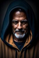 An elderly man with a beard and a sweatshirt looks at the camera with a smile on his face, dark background, photorealistic portrait, ultra-fine detailed painting, hyperrealism. photo