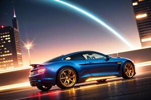 Blue sports car driving down a city street at night with a bright light behind it and a building in the background, detailed lighting, digital rendering. photo