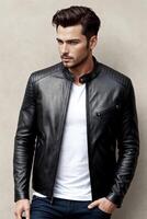 A man in a black leather jacket poses for a photographer with his hands in his pockets. , generative, AI photo
