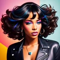 Portrait of a beautiful woman with bright makeup, in bright clothes, in bright, multi-colored studio lighting, photorealism. For registration CD disks. , generative, AI photo