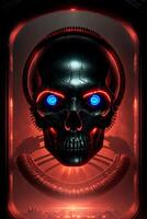 Skull with glowing eyes in a futuristic setting, biomechanics, cyberpunk art, sots art. , generative, AI photo