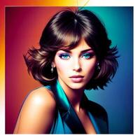 Portrait of a beautiful woman with bright makeup, in bright clothes, in bright, multi-colored studio lighting, photorealism. For registration CD disks. , generative, AI photo