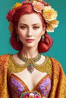 erótico hermosa mujer con rojo pelo vistiendo un flor corona y un vestir con un flor en su cabello, muy detallado digital cuadro, vibrante colores, qajar Arte. generativo ai foto