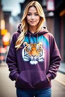 A beautiful woman in a purple sweatshirt stands on a street corner with her hands in her pockets, maximalism. , generative, AI photo