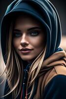 Beautiful portrait of a woman in a hoodie posing for a photo, realistic shading of a perfect face, photorealistic painting, art photography. , generative, AI photo