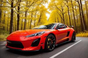 un rojo Deportes coche unidades a lo largo un la carretera en un bosque con arboles en el fondo, amarillo otoño arboles generativo ai foto