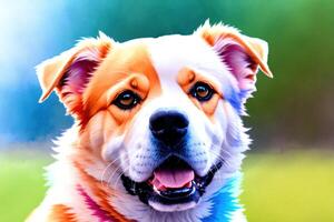 Colorful multicolored dog smiling at the camera with a blurred background of grass and trees, artist, highly detailed digital painting, photorealistic painting. , generative, AI photo