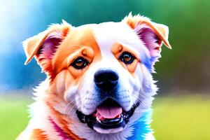 Colorful multicolored dog smiling at the camera with a blurred background of grass and trees, artist, highly detailed digital painting, photorealistic painting. , generative, AI photo