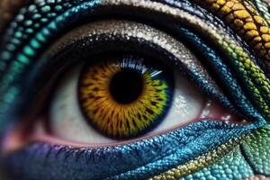 de cerca de un continuar ojo con un continuar ojo modelo en el iris y un amarillo iris, realista ojos, macro fotografía, holografía. generativo ai, generativo, ai foto