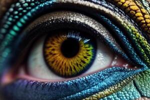 Close-up of a dragon eye with a dragon eye pattern on the iris and a yellow iris, realistic eyes, macro photography, holography. , generative, AI photo
