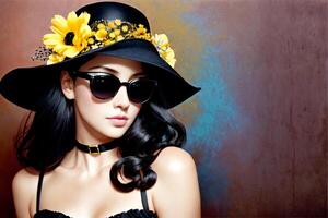 Beautiful woman in a black hat and sunglasses with flowers on her head and a necklace around her neck, fashion photography, photorealistic painting, gothic art. photo