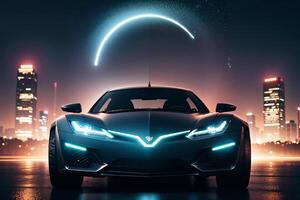 Futuristic car with a bright neon halo around the headlight and the city skyline in the background, retrofuturism. photo