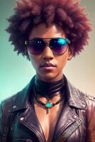 Beautiful woman in a leather jacket and sunglasses, with a necklace around her neck, affinity photo, photorealism. , generative, AI photo