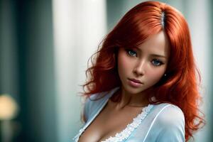 un hermosa mujer con rojo pelo y azul ojos poses para un imagen en un azul vestido, de piel oscura, rojo cabello, fotorrealista cuadro, fotorrealismo generativo ai foto