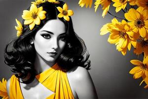 hermosa mujer en un amarillo vestir y con amarillo flores en su pelo en un gris fondo, Moda fotografía, fotorrealista cuadro, gótico Arte. generativo ai foto