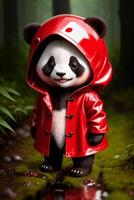 un miniatura juguete panda oso en un rojo impermeable y botas soportes en un bosque con un charco de agua, en el lluvia, fotorrealismo generativo ai, generativo, ai foto