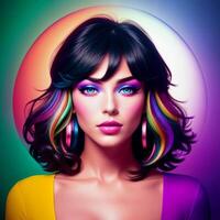 Portrait of a beautiful woman with bright makeup, in bright clothes, in bright, multi-colored studio lighting, photorealism. For registration CD disks. , generative, AI photo