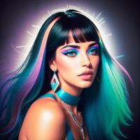 Portrait of a beautiful woman with bright makeup, in bright clothes, in bright, multi-colored studio lighting, photorealism. For registration CD disks. , generative, AI photo