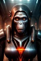 A monkey in a fantastic costume and with lanterns behind his back and a spotlight in the background, sits in a spaceship, character portrait. , generative, AI photo