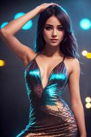 Beautiful sexy woman in a blue and gold dress posing for a photo with a dark background and lights behind her, disco lights, dance floor.