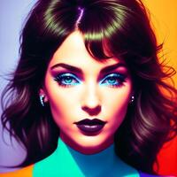 Portrait of a beautiful woman with bright makeup, in bright clothes, in bright, multi-colored studio lighting, photorealism. For registration CD disks. , generative, AI photo