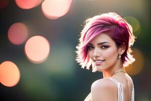 joven hermosa mujer con rosado pelo y un collar alrededor su cuello, sonriente a el cámara, corto cabello, fotorrealista cuadro, Arte nouveau. generativo ai foto