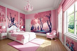 Pink bedroom with pink wall, white bed and chair, pink carpet and chandelier, digital rendering, rococo. photo