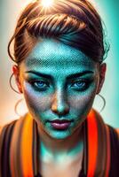 un mujer con un azul cara y un brillante ligero brillante en su cara y cuello, en contra un azul fondo, muy detallado digital arte, cgi, holografía. generativo ai foto