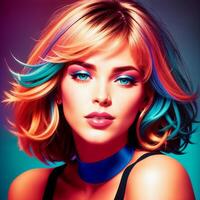 Portrait of a beautiful woman with bright makeup, in bright clothes, in bright, multi-colored studio lighting, photorealism. For registration CD disks. , generative, AI photo