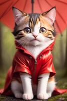 un miniatura juguete gatito en un rojo impermeable soportes en un bosque con un charco de agua, en el lluvia, fotorrealismo generativo ai, generativo, ai foto