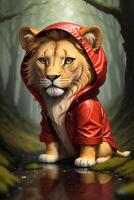A miniature toy lion in a red cloak stands in a forest with a puddle of water, in the rain, photorealism. , generative, AI photo