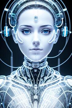 Porcelain woman cyberrobot in a futuristic suit, with a futuristic interface in the background, cybernetics, cyberpunk art, automatists. photo