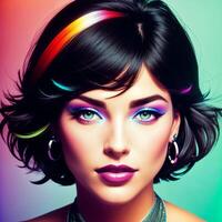 Portrait of a beautiful woman with bright makeup, in bright clothes, in bright, multi-colored studio lighting, photorealism. For registration CD disks. , generative, AI photo