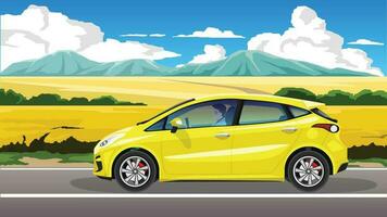 Concept vector illustration of horizontal view. Male rider inside hatchback car driving on the asphalt road. Background of yellow flower field. with mountain under blue sky and white clouds.