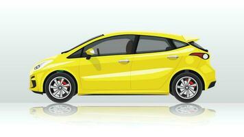 Concept vector illustration of detailed side of a flat yellow Hatchback car. with shadow of car on reflected from the ground below. Isolated white background.