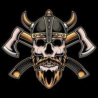 Illustration of Skull Head Wearing a Viking Helmet and Axe vector