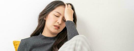 Burnout, weary asian young woman, girl expression to face difficulty, failure and exhausted. Tired, bad or suffering depression feeling bored, lonely alone at home. Isolated on white background. photo