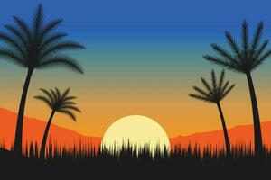 verano puesta de sol playa vector fondo, puesta de sol escena paisaje fondo, tropical playa paisaje ilustración, puesta de sol playa con palma arboles vector fondo, degradado playa paisaje antecedentes