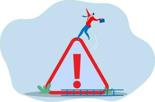 Mistake caution,businessman risk or problem warning, failure prevention or avoid danger , cautious businessman slip falling on exclamation symbol beware, careful caution sign.fail vector illustration
