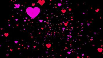muitos do vermelho e Rosa amor partículas animação em Preto fundo, romântico amor fundo 4k estoque cenas video
