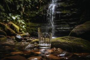 A glass sitting on a rock in front of a waterfall, photo