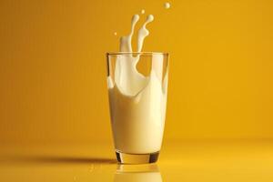 A glass filled with milk on top of a table in front of a yelow background, photo