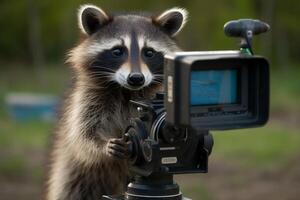 A raccoon using a camera in front of a blurry background, photo