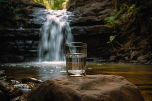 A glass sitting on a rock in front of a waterfall, photo