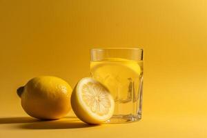 A glass of lemonade on a yellow background with two lemons, photo