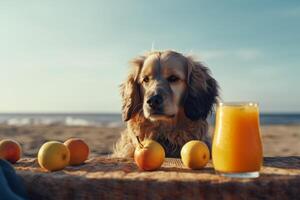 A dog sitting with a glass of fruit juice and some apples on a beach, photo