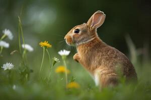 un marrón Conejo sentado en un campo de flores, generativo ai foto