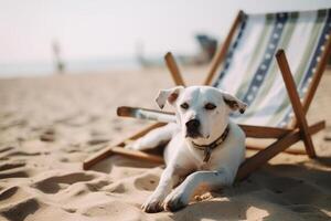 A dog sitting on a beach, summer concept image, photo